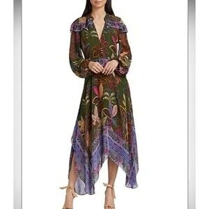 Farm Rio Midi Dress Flowy Long sleeve, V-neck, Lavender Floral, Size Small, New